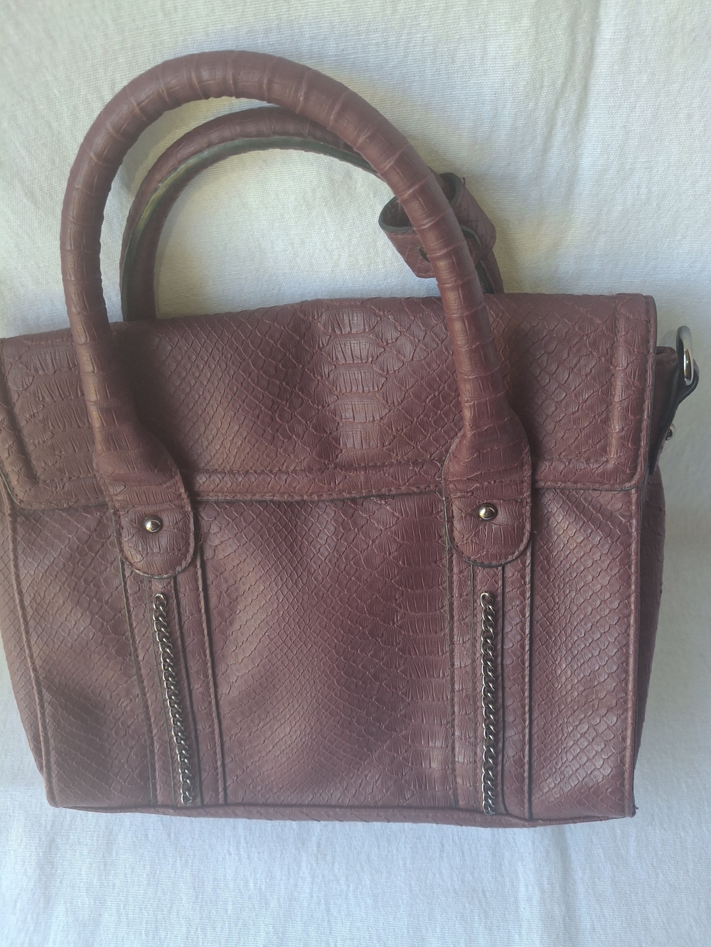 Structured Satchel Bag in Burgundy Faux-Snake with Chain Accents
